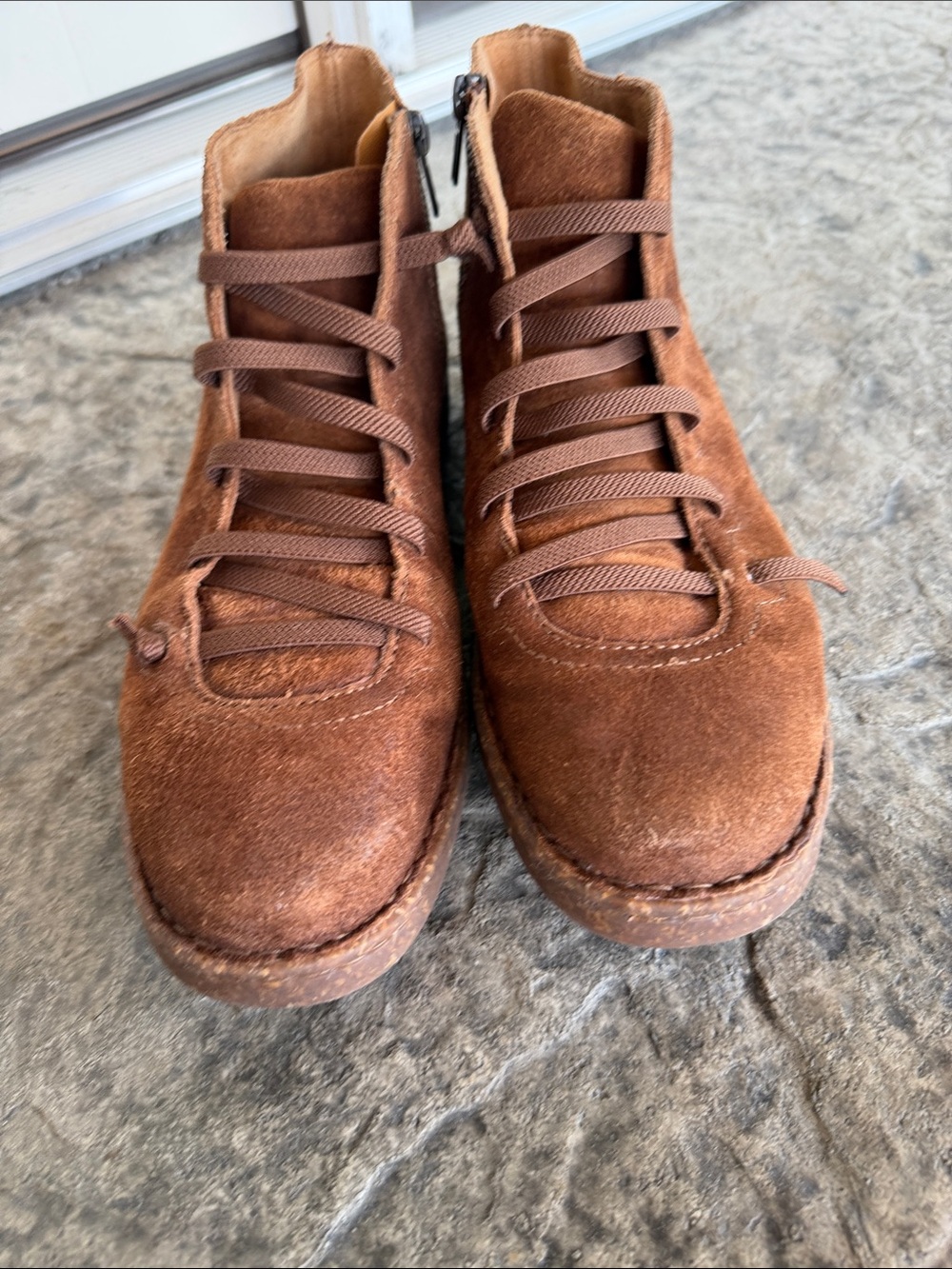 Born Brown Suede Lace-Up Ankle Boots—lace is elastic